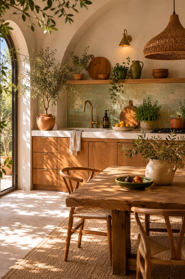 Warm kitchen counter styled with pottery, olive branches and a fruit bowl